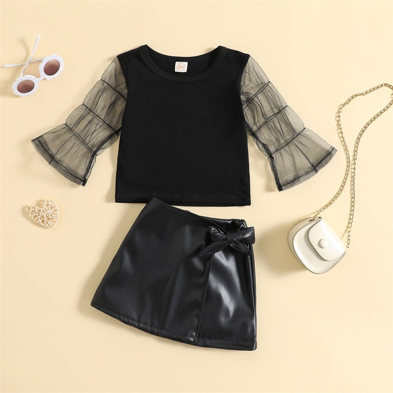 Flare Mesh Sleeve Top W/ Leather Bow Skirt