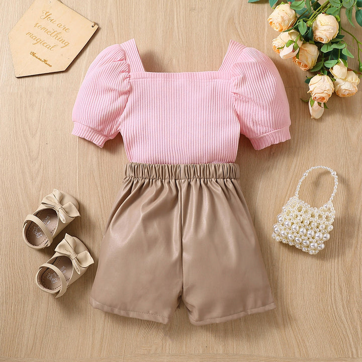 Puff Sleeve Ribbed Top W/ Brown Button Shorts