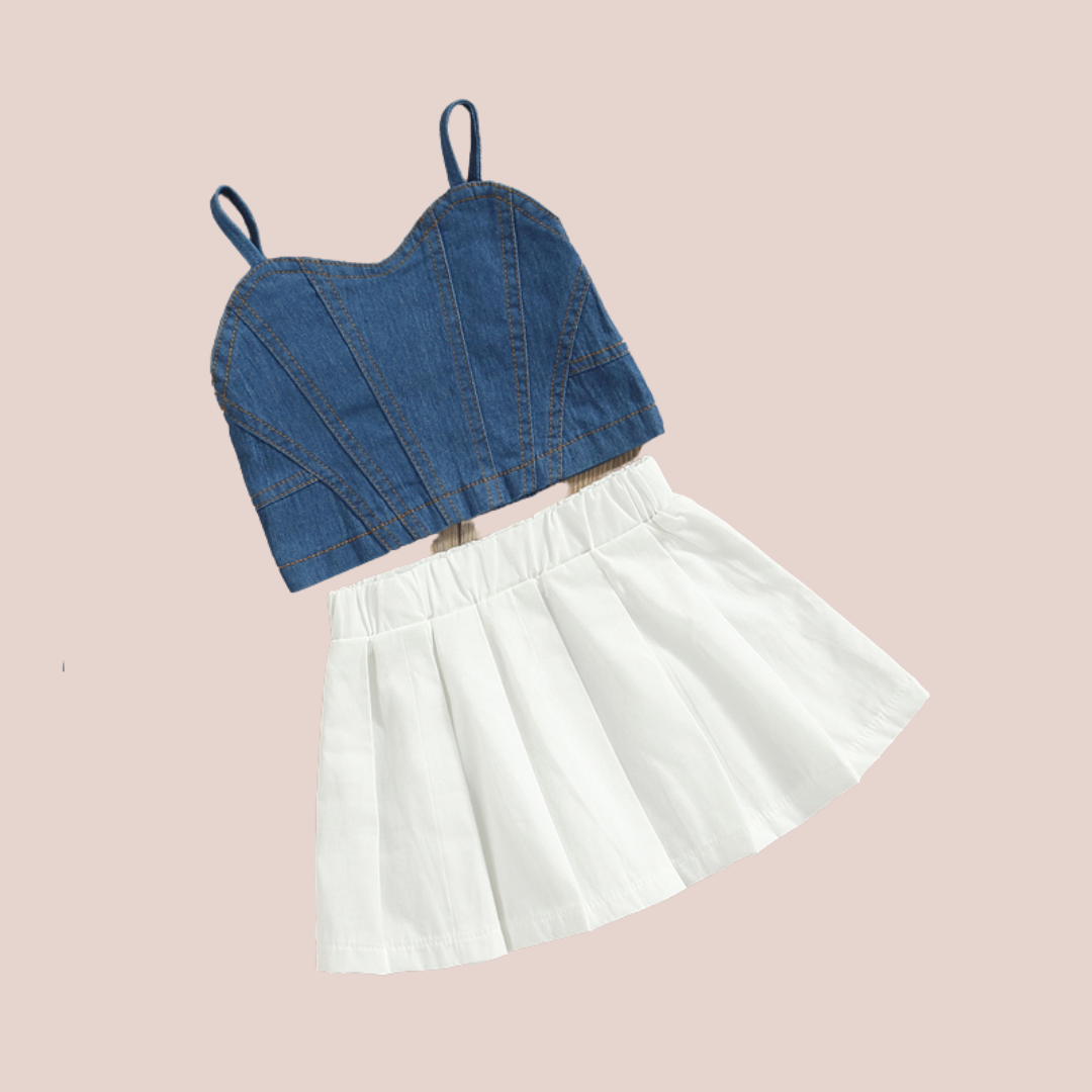 Blue Denim Top W/ White Skirt - Shopminidrip